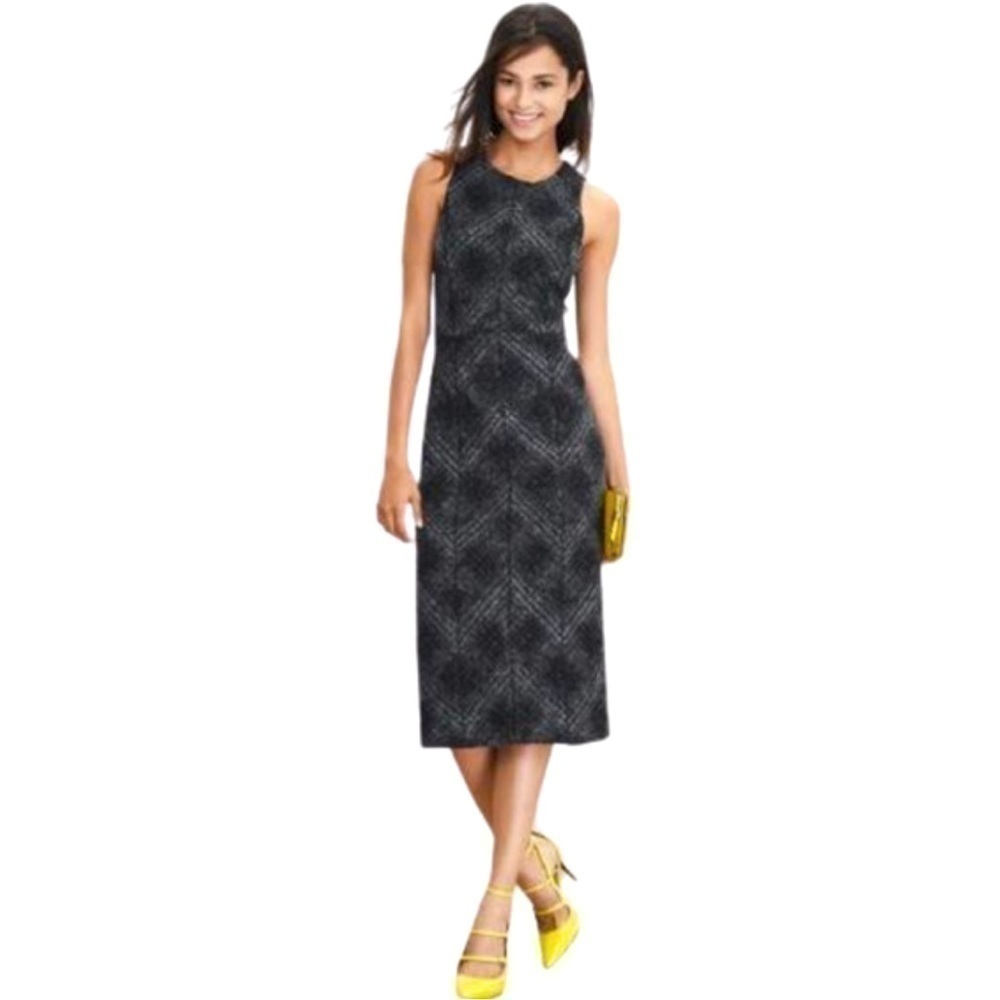 Banana Republic Wool Blend Textured Black Gray Plaid Lined Sheath Dress Size 12